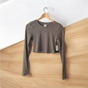 NEW Jo & Co Mocha & Jet Black Striped Crop Top Long Sleeve Size Small Trendy